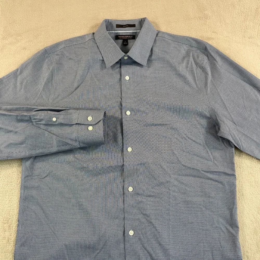 Banana Republic Shirt Men Large Blue‎ Mini Houndstooth Slim Fit Non Iron NWOT